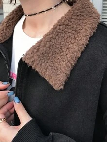 FRIFUL 女士休闲蓬松牛仔翻领夹克 - 藍色 - 查看 7