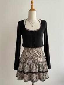 Elamini Bộ đồ hai mảnh họa tiết da báo đen hở lưng, ôm sát, viền xếp nếp, ren, chắp vá, áo crop top cài nút phía trước, thời trang thu đông cho nữ, dự tiệc đi làm, trang phục dạo phố thanh lịch, cổ điển, tốt nghiệp hàng ngày - Nhiều màu - Xem 5