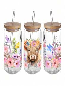 SHEIN Basic living 4Pcs Cute Highland Cow UV DTF Cup Decals - Libbey Glass 16oz Glass Waterproof Transfer Stickers - Fashion DIY Crafting 3D Crystal Labels, Durable Scratch-Resistant DIY Transfer Stickers For Mugs, Iced Coffee Cups, Water Bottles, Furniture, Laptops - High Quality Plastic, 11x24cm/4.3x9.4in