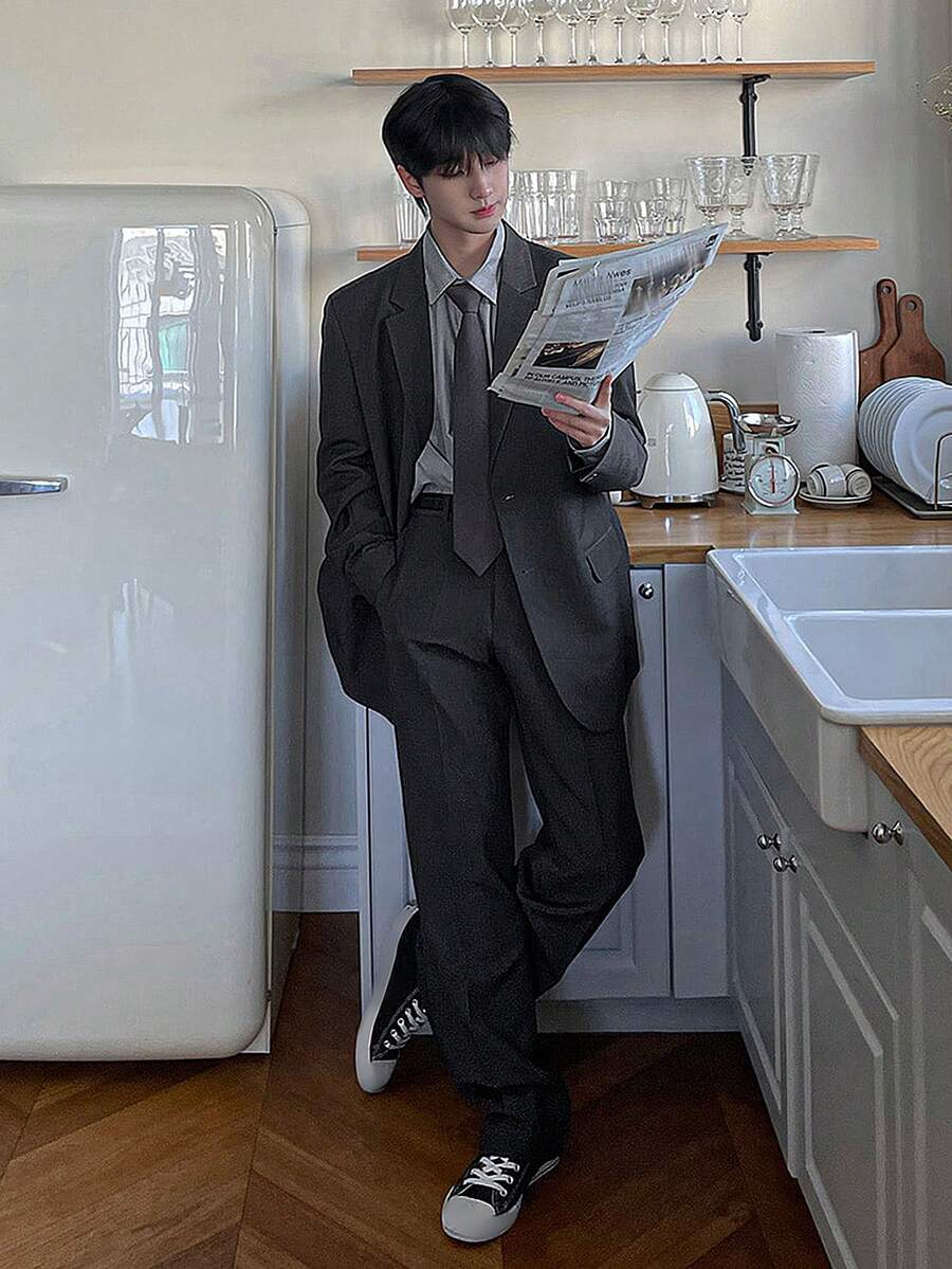 DAZY Conjunto de traje casual de ajuste holgado de unicolor para hombres, adecuado para ir al trabajo en otoño - Gris - Ver 1