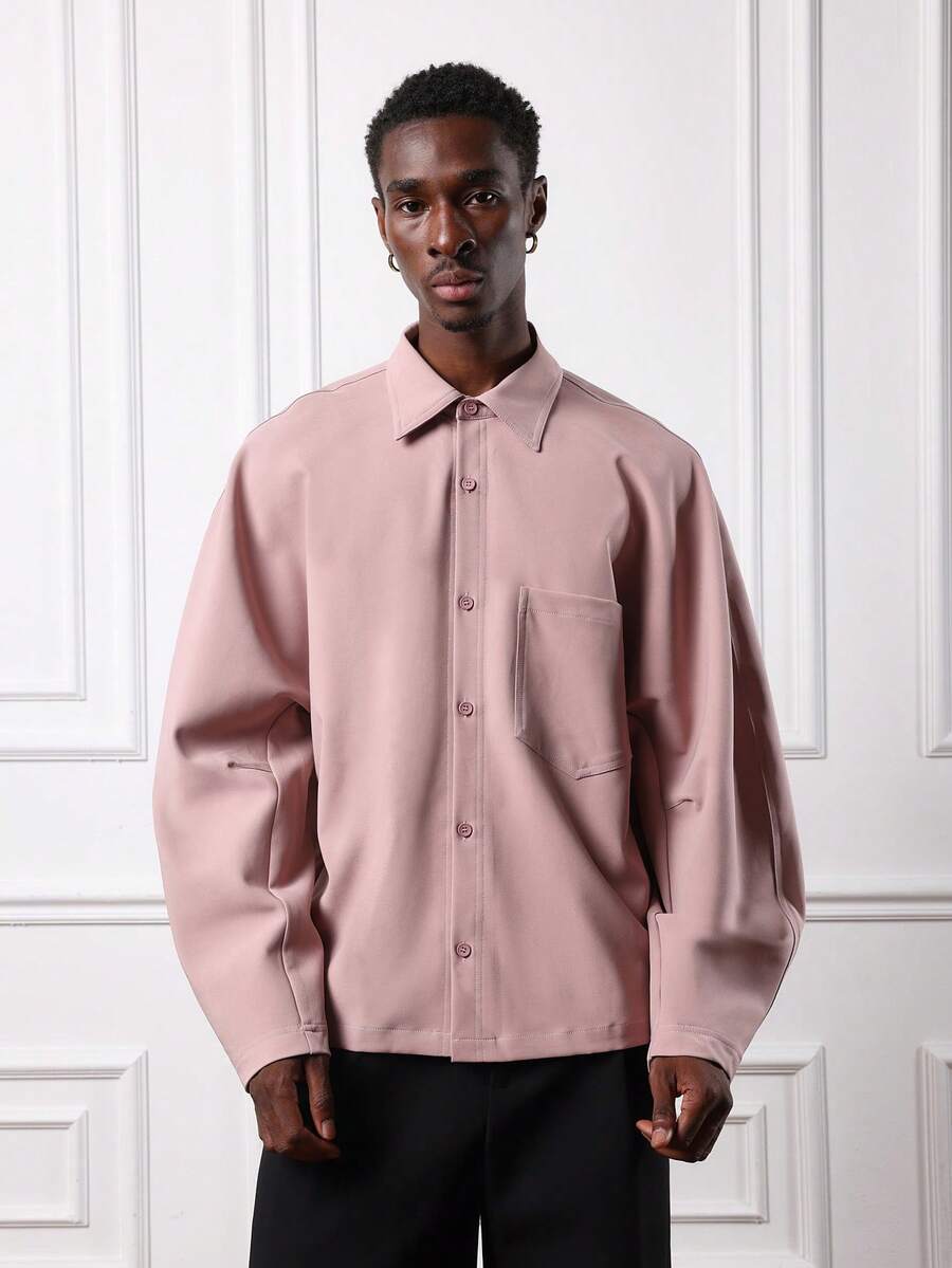 SUMWON Regular Fit Button Down Collar Long Sleeve Shirt With Chest Pocket Classic Wardrobe Essential Plain - Dusty Pink - View 1
