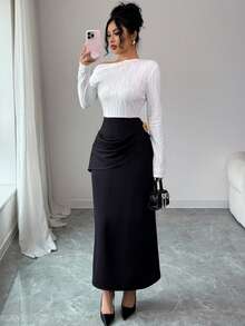 Modelyn French Elegant Oblique Shoulder Black & White Patchwork Decorative Button Women Dress - Black and White - View 5