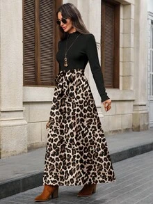 EMERY ROSE Váy nữ thanh lịch, giản dị cho mùa thu/đông, họa tiết da báo, thắt eo có nơ lớn - Nhiều màu - Xem 2