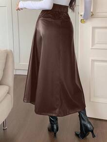 DAZY 女士高腰开衩A字裙，PU皮长款优雅裙，冬季女装裙 - 咖啡棕 - 查看 3