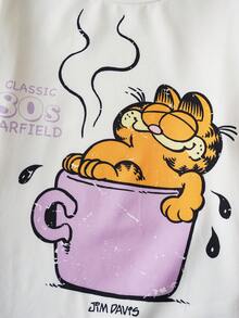 GARFIELD | SHEIN 2 件套青少年女孩针织休闲全身印花圆领长袖上衣和全印花直筒裤睡衣套装 - 白色 - 查看 4