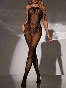 SpicyHot Body sexy de lencería para mujer, body de malla negra transparente sin entrepierna - Negro - Ver 6