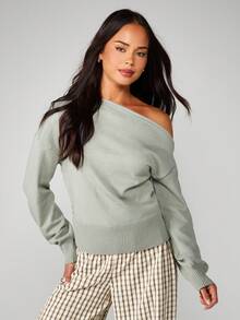 MISSGUIDED Suéter de punto con hombros descubiertos, dobladillo acanalado y mangas largas, jersey de invierno para otoño e invierno, Navidad - Verde - Ver 1