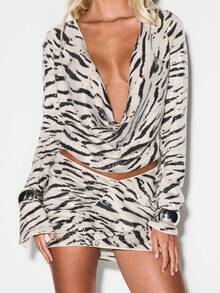 KIZN Women Long Sleeve Sequin Zebra Print Cowl Neck Blouse Metallic Party Top - Black and White - View 5