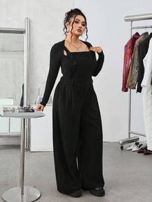 SHEIN EZwear Bộ đồ liền thân nhung kẻ trơn màu tối giản hàng ngày cỡ lớn - màu đen - Xem 1