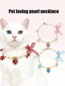 PETSIN 1 件装宠物爱心仿珍珠项链；颈围可调节；领结吊坠；心形吊坠；宠物配饰；宠物用品 - 彩色 - 查看 1