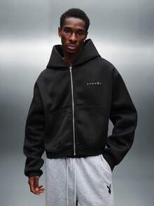 PLAYBOY X SUMWON Boxy Fit Essentials Zip Up Hoodie With Centre Pocket And Drawstring - Black - View 2