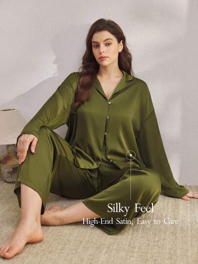 Ocili Silky Satin Comfortable Loose Long Sleeve Top & Pants Pajama Set, Plus Size, Fall Winter Clothes, Cozy Outfit