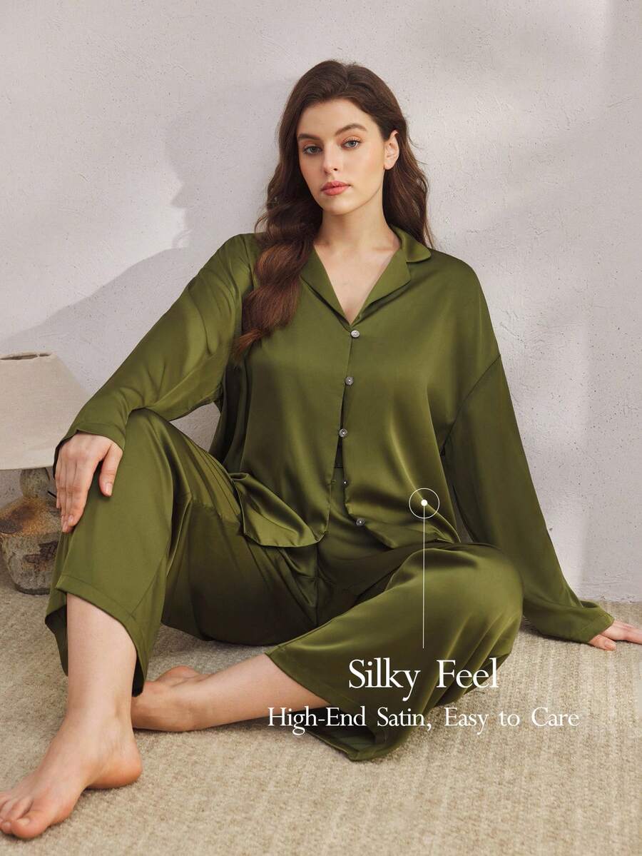 Ocili Bộ đồ ngủ dài tay rộng rãi bằng vải satin mềm mại thoải mái và quần dài, cỡ lớn, trang phục thu đông, trang phục ấm áp - xanh quân đội - Xem 1