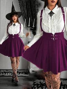 Whyspr Váy xòe ngắn thời trang xếp ly thanh lịch cỡ lớn màu tối - Màu tím - Xem 1