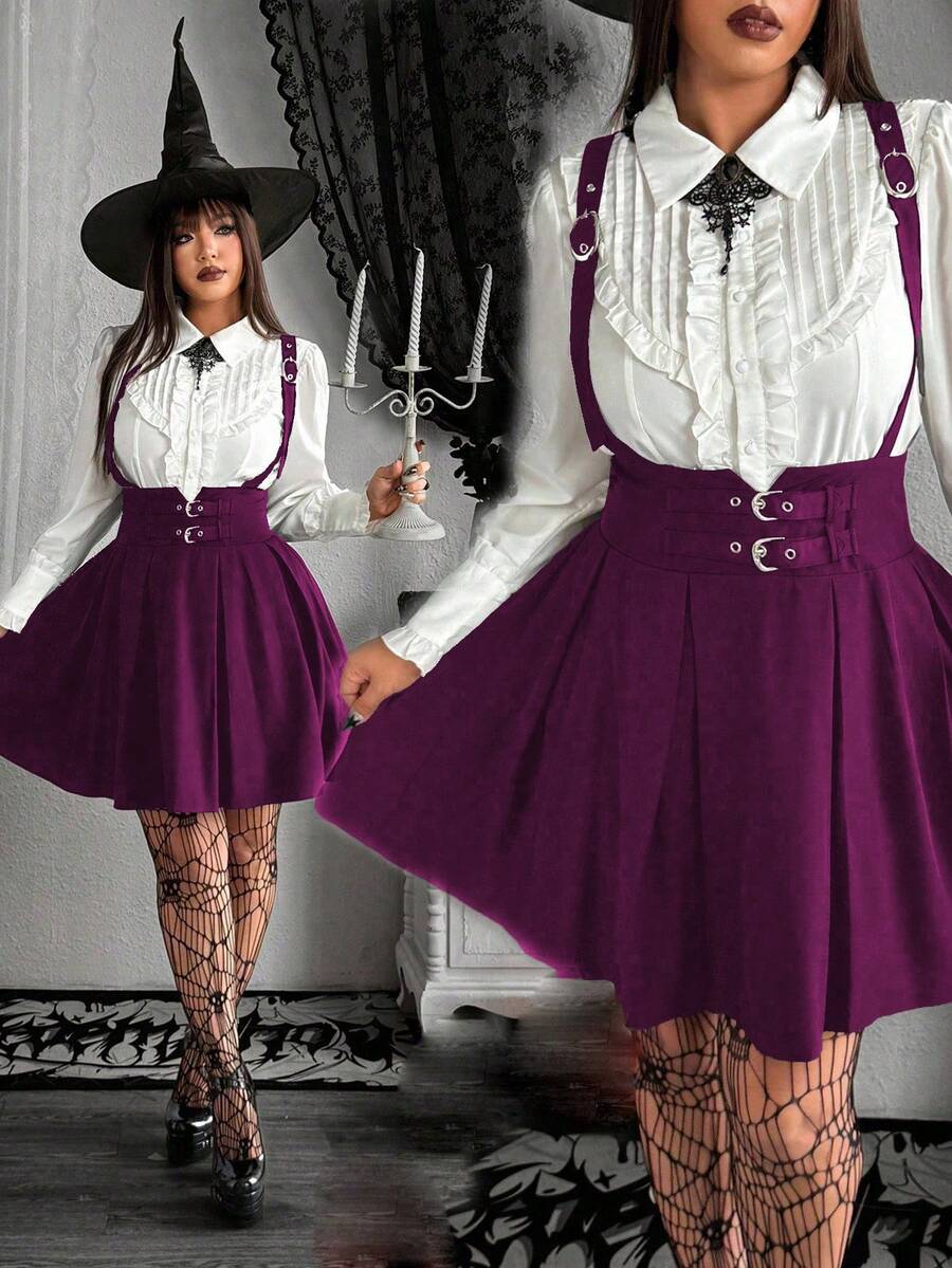 Whyspr Váy xòe ngắn thời trang xếp ly thanh lịch cỡ lớn màu tối - Màu tím - Xem 1