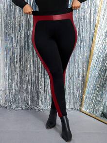 Cravure Plus Size Autumn Fashion Elastic Waist Contrast Color Leggings - Multicolor - View 5