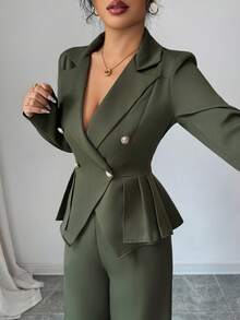 Elenzga Áo khoác blazer dáng ôm tay dài màu xanh quân đội thanh lịch dành cho nữ, ve vai màu xanh lá cây, cài nút kim loại, viền bất đối xứng, xếp nếp + Quần ống đứng dáng ôm thiết kế túi màu xanh quân đội thanh lịch dành cho nữ, Xuân/Thu - xanh quân đội - Xem 7
