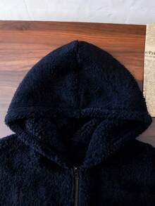 Mirajuku Teenage Boys' Basic Black Casual Fleece Hooded Jacket - Navy Blue - View 3