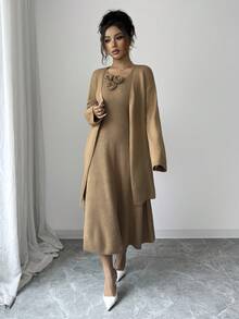 SHEIN Elenzya 2pcs Floral Sleeveless Dress & Long Cardigan Sweater Set For Women, Autumn/Winter