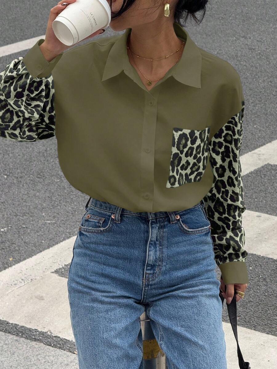 Siren Gaze 女士豹纹拼布长袖休闲衬衫，简约复古风女衬衫，女式衬衫，街头风衬衫，豹纹衬衫 - 軍綠色 - 查看 1