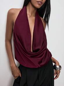 ATUI Studio Áo hở lưng bằng vải satin màu đỏ tía, cổ khoét sâu màu trơn dành cho nữ, không tay hở lưng, thanh lịch, tối giản, phong cách Giáng sinh, năm mới, tiệc tùng, lễ tạ ơn, thiết yếu, trang phục công sở đa năng, phong cách thời thượng, thẩm mỹ cổ điển - Màu đỏ tím - Xem 5