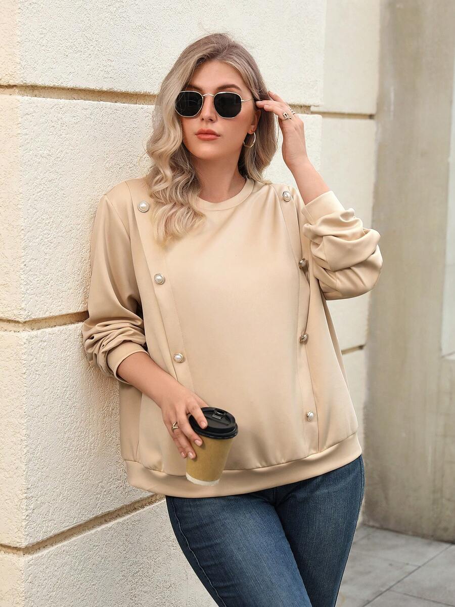 EMERY ROSE Plus Size Women's Fashion Double-Breasted Sweatshirt - Khaki - View 1