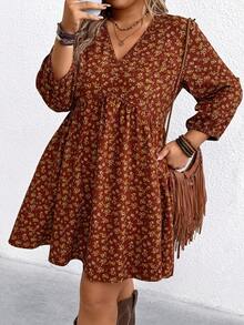 LanaWest Plus Size Women's Autumn Corduroy Floral V-Neck Long Sleeve Dress, Minimalist Red - Red - View 3