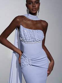 Elitara Elegant Greyish Blue Knitted Stretchy Rhinestone Embellished Sequin Trailing Formal Dinner Dress, Minimalist Wedding Event Birthday Party Gown - Dusty Blue - View 3