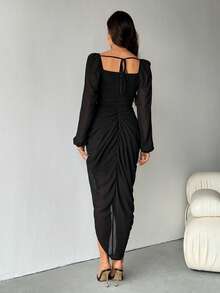 SHEIN Tall Women's Plus Size Elegant Party Date Sexy Glitter Sequins Draped Neck Ruched Asymmetrical Hem Slit Dress With Long Sleeve, Pea Green - Black - View 2