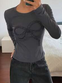 DAZY 女式纯色修身圆领长袖蝴蝶结休闲T恤，秋冬 - 灰色 - 查看 6