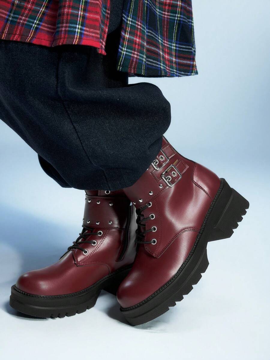 Sugerpunk 女士时尚百搭厚底厚底踝靴 - 紅色 - 查看 1