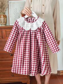 Vintaside Kids Váy kẻ caro cho bé gái, phong cách đồng quê, thanh lịch, tay dài, vải lanh cotton, thích hợp cho mùa chuyển mùa xuân và thu - Đỏ - Xem 3