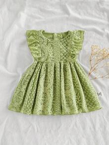 SHEIN Vintaside Kids 女婴梦幻网眼无袖纯色连衣裙，简约风格，适合节日、优雅外出和舒适的居家时刻，春夏季 - 綠色 - 查看 1