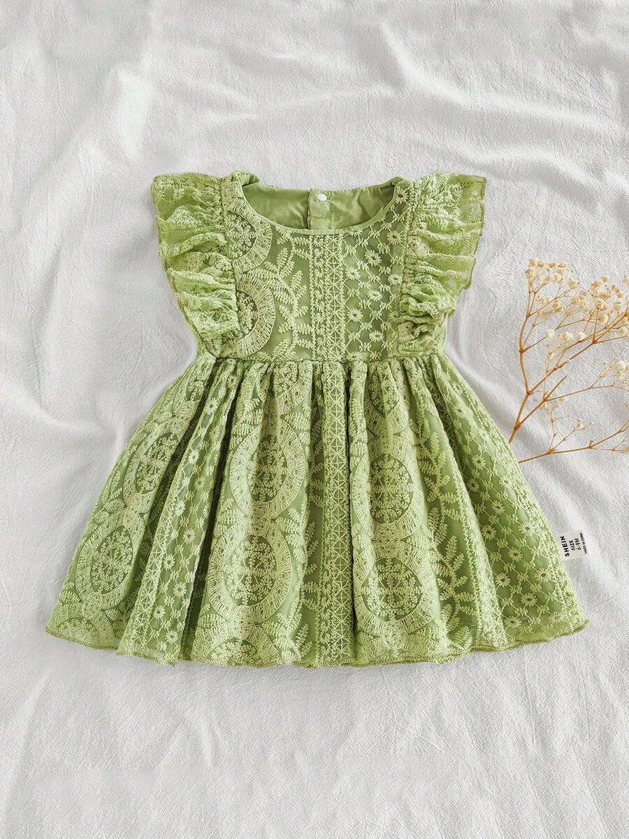 SHEIN Vintaside Kids 女婴梦幻网眼无袖纯色连衣裙,简约风格,适合节日、优雅外出和舒适的居家时刻,春夏季 - 綠色 - 查看 1