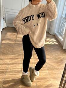 SHEIN EZwear Women's Casual Wool-Lined Letter Print Zip-Up Hoodie And Pants Set, Apricot, Autumn/Winter Hoodie And Sweatpants Set, Homewear & Workwear Y2K Fluffy Thickened Autumn 2 Pieces Casual Set, Women's New York Apparel, Women's Comfortable Clothing