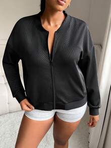 Rhythm Era Áo khoác bomber cổ đứng màu đen trơn, chất liệu vải sần, có khóa kéo, kiểu dáng thể thao năng động, thoáng khí, thích hợp cho tập gym. - màu đen - Xem 4