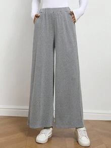 EMERY ROSE Women's Casual Everyday Commute Striped Print Elastic Waist Side Pockets Loose Thick Flared Leg Pants, Autumn/Winter - Grey - View 9