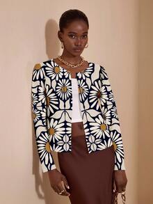 JIAN  LASALA Jian Lasala 花卉印花休闲优雅简约性感女士长袖薄款外套，适合日常外出、旅行、度假、约会、派对、秋冬季艺术印花开衫，花卉印花开衫，女士开衫，长袖开衫 - 彩色 - 查看 1