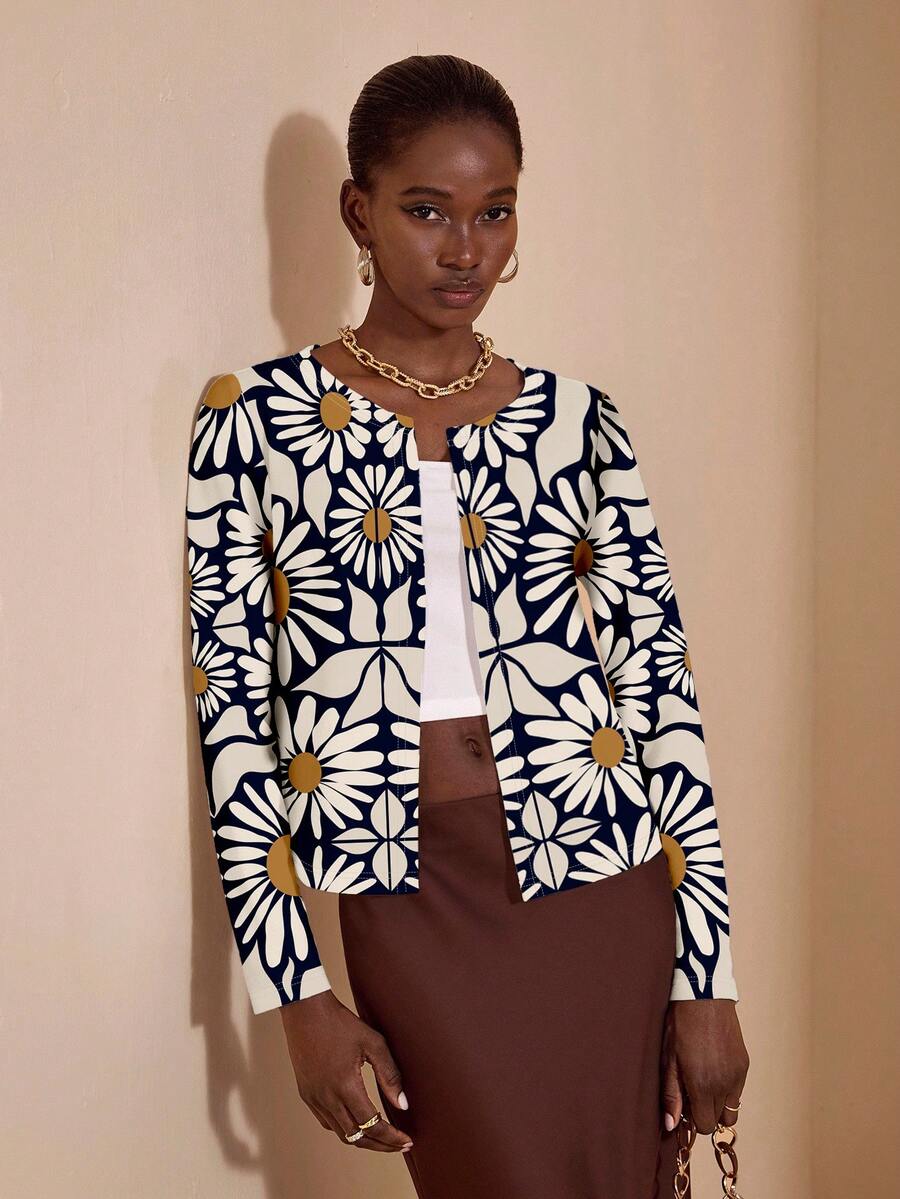 JIAN  LASALA Jian Lasala 花卉印花休闲优雅简约性感女士长袖薄款外套，适合日常外出、旅行、度假、约会、派对、秋冬季艺术印花开衫，花卉印花开衫，女士开衫，长袖开衫 - 彩色 - 查看 1