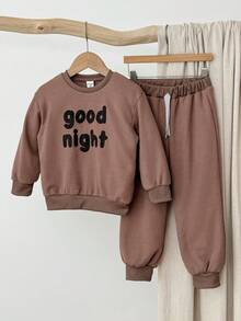 Blossori Young Boys French Elegant Letter Embroidered Crew Neck Long Sleeve Sweatshirt/Jogger Pants Set, Kids Sweat Set,Cozy Fall & Winter Styles - Brown - View 7