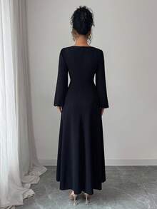 Modelyn Vestido de punto de manga larga ajustado con parches y adornos de strass, adecuado para salir y citas - Negro - Ver 2