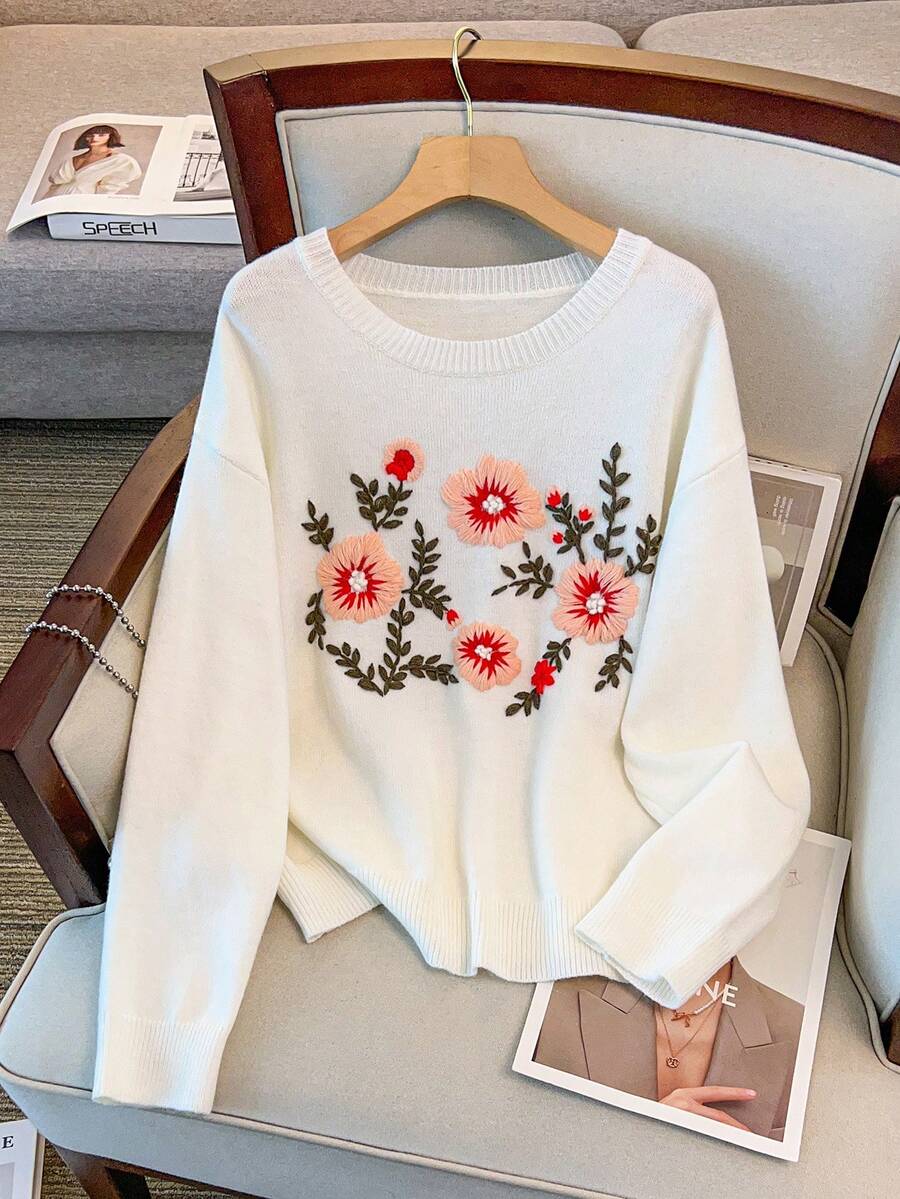Linhara Plus Size Women Embroidered Floral Knit Sweater Top, Winter - Multicolor - View 1