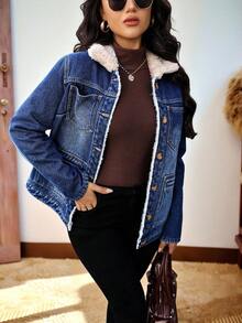 EMERY ROSE Women's Casual Single-Breasted Denim Jacket With Thermal Lined, Autumn/Winter - Medium Wash - View 1