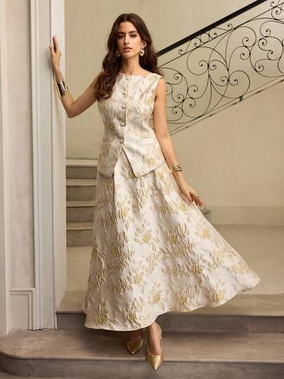 ZEYLAH 2pcs/Set Women Dignified Jacquard Top And Skirt Suit