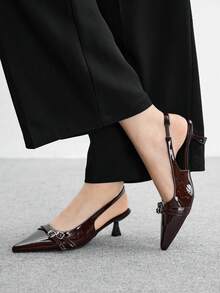 CUCCOO BIZCHIC Tacones de salón de punta fina con tira trasera, color café, de tacón de gatito, versátiles para uso diario, fiesta, salida casual y trabajo - Café integral - Ver 5