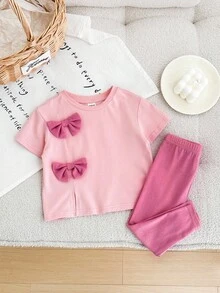 女宝宝夏季可爱粉色蝴蝶结短袖上衣和裤子 2 件套 - 粉色 - 查看 4