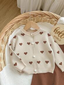 SHEIN Baby Girl Heart Pattern Long Sleeve Button-Up Knit Cardigan And Knit Pants Set Autumn Winter Clothes For Women