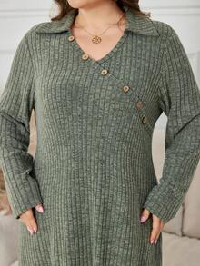 Lacomfia Plus Size Elegant Casual Solid Color Ribbed Long Sleeve Dress - Army Green - View 4