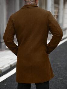 Manfinity Homme 男士纯色口袋纽扣长袖大衣，秋季男士棕色外套，休闲商务风，冬季款 - 棕色 - 查看 2