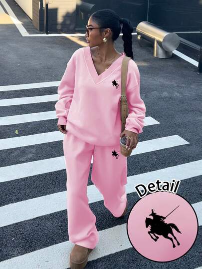 SHEIN EZwear 2pcs Women's V-Neck Oversized Fluffy Fleece Elastic Loose Casual Sweatshirt And Sweatpants Set, Autumn/Winter